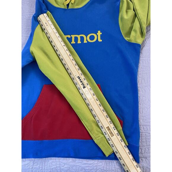 Vtg 90’s Marmot Colorblock Sz L LS Kangaroo Pocket Hoodie Back Graphic - Picture 7 of 7